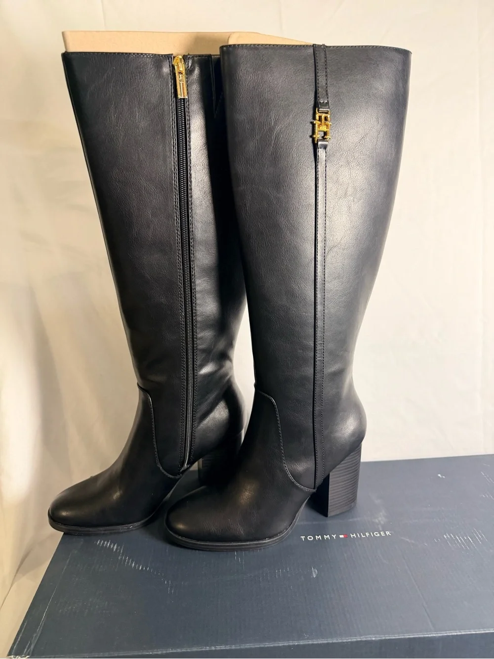 Tommy Hilfiger Black Leather Over-the-Knee Riding Boots with Gold Logo